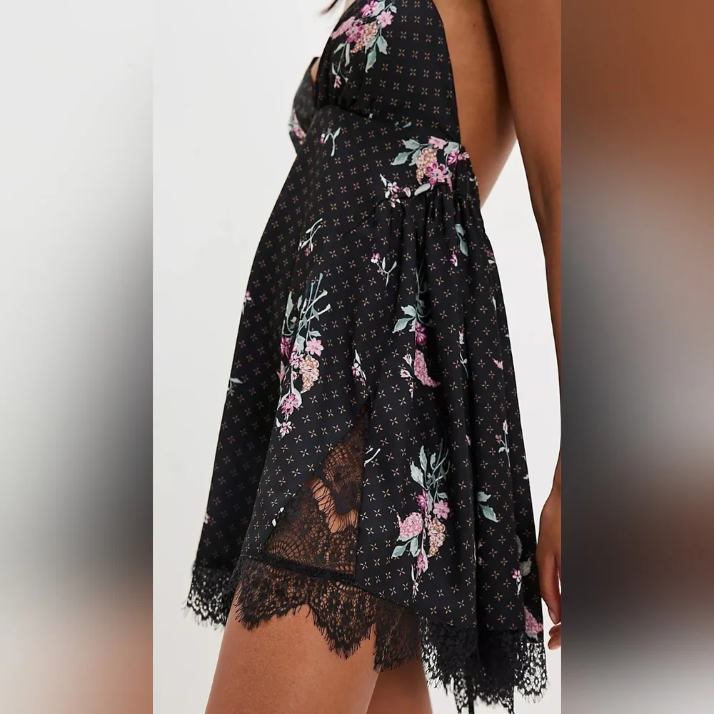 Free People Bali Sunday Afternoon Mini Floral Lace Trim Slip Dress